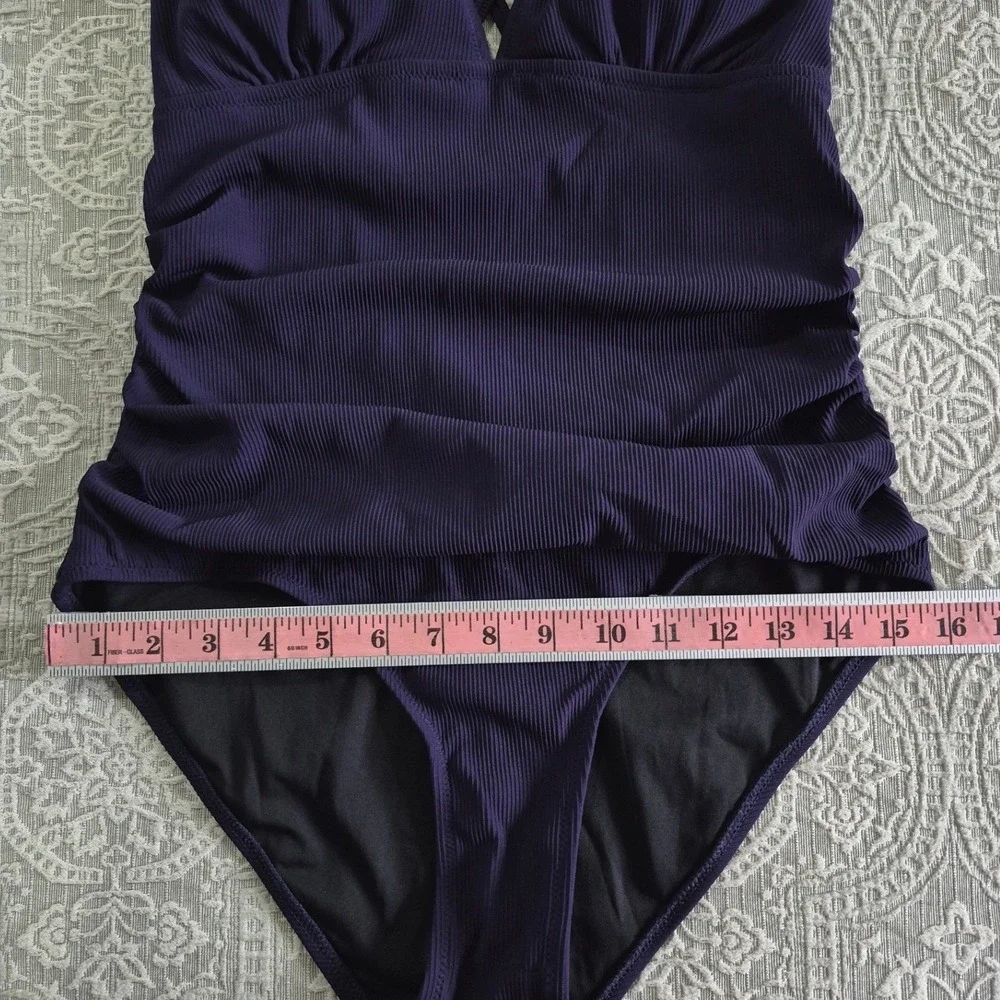 Charmo Womens Ribbed One Piece Swimsuit Purple Ruched Criss Cross Back UPF 50 L - Picture 2 of 6